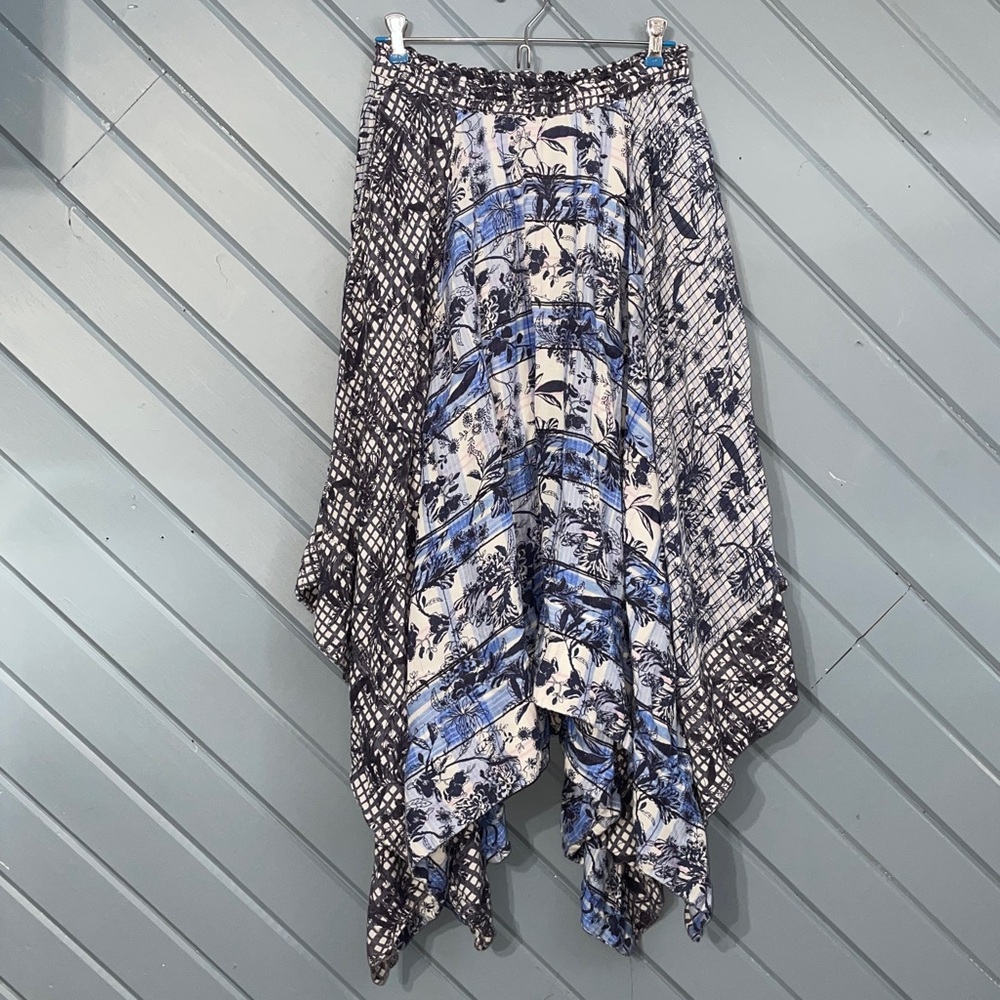 Pilcro Anthropologie Asymmetrical Linen Blue White Drawstring Skirt